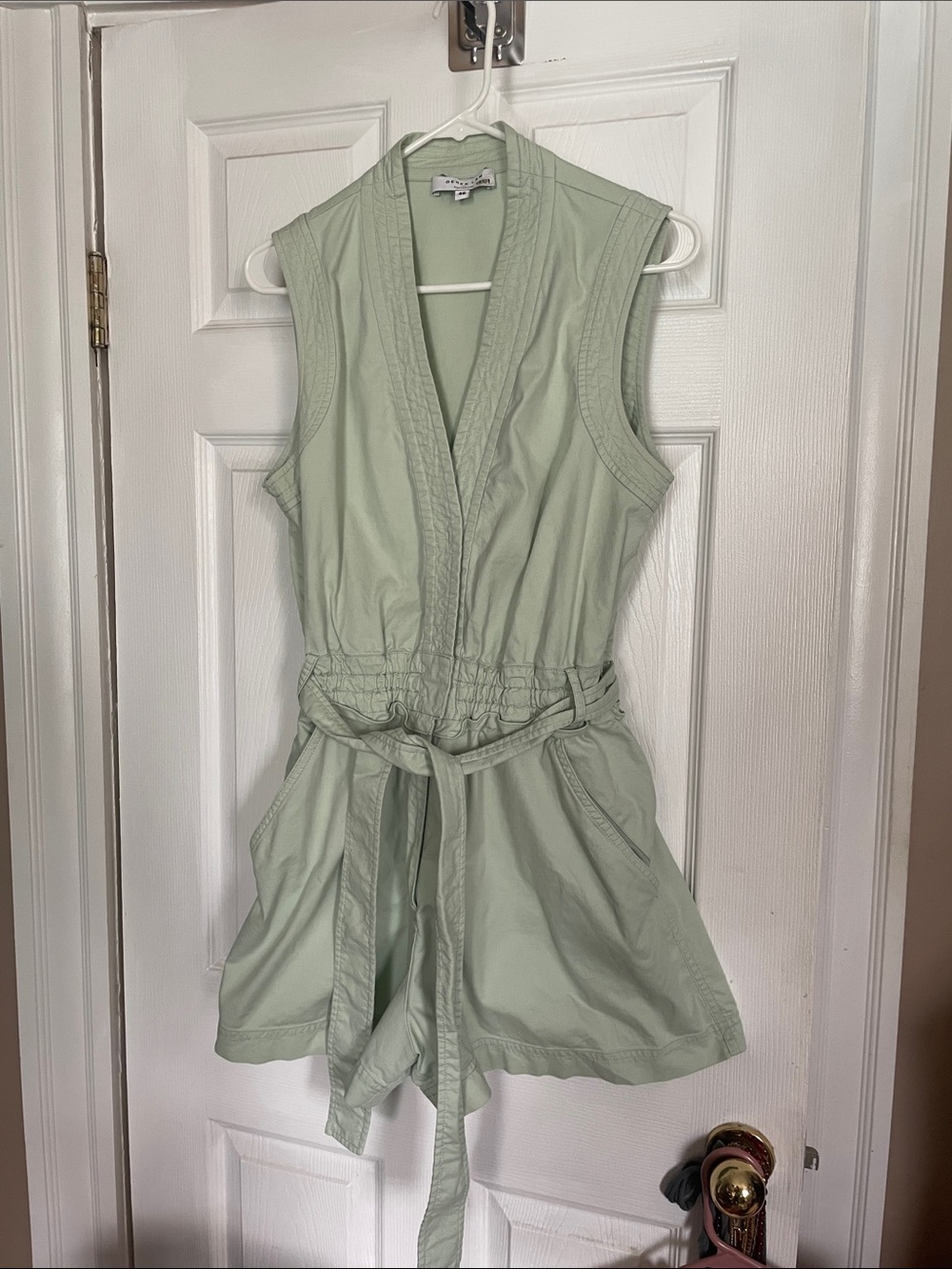 Derek Lam Sleeveless Belted V-Neck  romper - Light Sage
